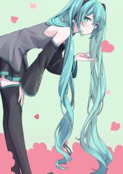Rule 34 | 1girl, absurdres, ai kotoba (vocaloid), blue eyes, blue hair, blush, collared shirt, detached sleeves, hair ornament, hand on own knee, hatsune miku, headphones, heart, highres, leaning forward, long hair, long sleeves, looking away, looking to the side, nagitofuu, nail polish, pleated skirt, shirt, skirt, sleeveless, sleeveless shirt, smile, solo, thighhighs, twintails, very long hair, vocaloid