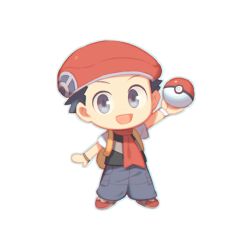 Rule 34 | 1boy, :d, black hair, chibi, commentary request, creatures (company), game freak, grey eyes, grey pants, happy, hat, holding, holding poke ball, looking at viewer, lowres, lucas (pokemon), male focus, nintendo, open mouth, pants, poke ball, poke ball (basic), pokemon, pokemon dppt, red footwear, red hat, shirt, shoes, short hair, short sleeves, smile, solo, tongue, white background, wusagi2