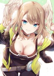 Rule 34 | 1girl, black jacket, black pants, black shirt, blue eyes, breast tattoo, breasts, brown hair, cleavage, collarbone, commentary request, eunie (xenoblade), feathered wings, grin, head wings, highres, hood, hood down, hooded jacket, jacket, large breasts, long hair, looking at viewer, open clothes, open jacket, pants, shirt, sleeveless, sleeveless shirt, smile, solo, swept bangs, tattoo, ui frara, wings, xenoblade chronicles (series), xenoblade chronicles 3