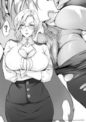 Rule 34 | 2girls, ?, ale (ale halexxx), anal hair, anilingus, anus, arms under breasts, ass, bad id, bad twitter id, breasts, cleavage, cleavage cutout, closed mouth, clothing cutout, crossed arms, female pubic hair, glasses, glynda goodwitch, greyscale, high-waist skirt, large breasts, looking at viewer, medium hair, monochrome, multiple girls, open mouth, oral, out of frame, pubic hair, pussy, revision, rwby, skirt, spread ass, standing, tongue, tongue out, torn clothes, torn legwear, yuri