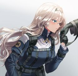 Rule 34 | 1girl, an-94 (girls&#039; frontline), black gloves, blue eyes, blush, closed mouth, from side, girls&#039; frontline, gloves, grey background, hair between eyes, hairband, holding another&#039;s arm, long hair, low tied hair, platinum blonde hair, pouch, profile, silence girl, strap, tactical clothes