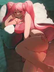 Rule 34 | 1girl, ass, bikini, breasts, cleavage, closed mouth, commentary, commission, english commentary, feet out of frame, fingernails, highres, large breasts, long hair, looking at viewer, lying, nail polish, omori, on side, panties, pink eyes, pixiv commission, polka dot, polka dot bikini, polka dot panties, red nails, ryusei hashida, seductive smile, side-tie panties, signature, smile, solo, sweetheart (omori), swimsuit, twintails, underwear