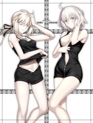 Rule 34 | 2girls, artoria pendragon (all), artoria pendragon (fate), black dress, black ribbon, black shorts, breasts, character name, cross, cross necklace, dress, fate/grand order, fate/stay night, fate (series), foo (pixiv54892036), full-length zipper, highres, jeanne d&#039;arc (fate), jeanne d&#039;arc alter (fate), jeanne d&#039;arc alter (ver. shinjuku 1999) (fate), jewelry, large breasts, low ponytail, multiple girls, navel, necklace, official alternate costume, one eye closed, ribbon, saber alter, saber alter (ver. shinjuku 1999) (fate), shirt, short dress, short hair, shorts, silver hair, sleeveless, sleeveless shirt, tsurime, white background, wicked dragon witch ver. shinjuku 1999, yellow eyes, zipper