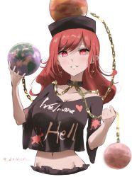 Rule 34 | 1girl, black choker, black shirt, blouse, blush, breasts, chain, choker, cleavage, collarbone, commentary request, earrings, earth (ornament), gold chain, hecatia lapislazuli, highres, looking at viewer, medium breasts, medium hair, midriff, mismatched earrings, moon (ornament), navel, off-shoulder shirt, off shoulder, otomeza ryuseigun, red eyes, red hair, shirt, short sleeves, sidelocks, simple background, solo, touhou, underworld (ornament), white background