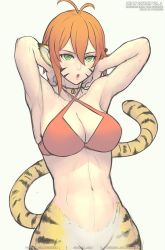 Rule 34 | 1girl, animal ears, bikini, bikini top only, breasts, breath of fire, breath of fire ii, cat tail, cleavage, facial mark, furry, furry female, gofelem, green eyes, navel, open mouth, orange hair, pointy ears, rinpoo chuan, short hair, simple background, solo, swimsuit, tail