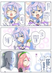 Rule 34 | 1girl, 2boys, blood, blue eyes, blue hair, blush, comic, closed eyes, gingnang69, gloves, hacka doll, hacka doll 2, hacka doll 3, highres, long hair, looking at viewer, male focus, multiple boys, nosebleed, open mouth, pink hair, smile, translation request, trap