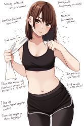 Rule 34 | 1girl, absurdres, alternate language, arrow (symbol), bare arms, bare shoulders, black shorts, blush, bob cut, breasts, brown eyes, brown hair, cleavage, closed mouth, collarbone, english text, head tilt, highres, holding, holding towel, kapatarou, pantyhose under shorts, looking at viewer, medium breasts, navel, original, pantyhose, short shorts, shorts, simple background, skindentation, solo, sports bra, sweat, thick eyebrows, towel, towel around neck, white background