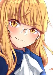 Rule 34 | 1girl, ascot, blonde hair, blush, glasses, highres, hora liar, light smile, long hair, looking at viewer, perrine h. clostermann, portrait, rimless eyewear, solo, strike witches, upper body, white background, world witches series, yellow eyes
