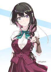 Rule 34 | 1girl, alternate hairstyle, black hair, blouse, bow, bowtie, braid, breasts, brown gloves, cowboy shot, fingerless gloves, gloves, hair over shoulder, kantai collection, large breasts, long hair, looking at viewer, mikage takashi, multicolored hair, naganami (kancolle), naganami kai ni (kancolle), pink hair, pleated skirt, purple eyes, shirt, short sleeves, single braid, skirt, smile, solo, standing, twitter username, two-tone background, two-tone hair, vest, white background, white shirt