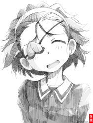 Rule 34 | 10s, 1girl, ^ ^, closed eyes, eyepatch, closed eyes, girls und panzer, gofu, greyscale, hairband, military, military uniform, momogaa (girls und panzer), monochrome, open mouth, short hair, sketch, smile, solo, traditional media, uniform
