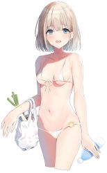 Rule 34 | 1girl, :d, amrita (amber78gou), bag, bare arms, bare shoulders, bikini, blue eyes, bottle, breasts, collarbone, cropped legs, earrings, front-tie bikini top, front-tie top, highres, holding, holding bottle, idolmaster, idolmaster shiny colors, jewelry, looking at viewer, micro bikini, navel, o-ring, o-ring bottom, open mouth, serizawa asahi, shopping bag, short hair, sidelocks, silver hair, simple background, small breasts, smile, solo, spring onion, stomach, swimsuit, underboob, water bottle, white background, white bikini