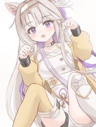 Rule 34 | 1girl, :d, animal ears, arknights, asymmetrical legwear, blush, cat ears, cat girl, clenched hands, feet up, grey hair, hairband, hands up, highres, jacket, kazemaru (arknights), kneehighs, long hair, looking at viewer, mismatched legwear, off shoulder, open clothes, open jacket, open mouth, paw pose, purple eyes, shorts, single sock, single thighhigh, sitting, smile, socks, solo, thighhighs, tififox, very long hair, white hairband, white shorts, white socks, yellow jacket, yellow thighhighs