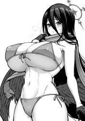 Rule 34 | 1girl, bikini, blue archive, blush, breasts, breath, commentary request, covered erect nipples, gloves, groin, hair between eyes, halo, hasumi (blue archive), highres, huge breasts, kanno takanori, long hair, low wings, monochrome, navel, scarf, side-tie bikini bottom, solo, sweatdrop, swimsuit, wings