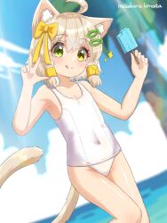 Rule 34 | 1girl, :q, ahoge, animal ear fluff, animal ears, armpits, arms up, artist name, beach, blonde hair, bow, cat ears, cat girl, cat tail, cloud, covered navel, food, green eyes, hair bow, hair ornament, hairclip, hazakura hinata, highres, looking at viewer, ocean, old school swimsuit, one-piece swimsuit, original, popsicle, ribbon, school swimsuit, short hair, sky, smile, solo, swimsuit, tail, thighs, tongue, tongue out, tree, v, white one-piece swimsuit