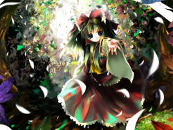Rule 34 | 1girl, ascot, bad id, bad pixiv id, brown eyes, brown hair, detached sleeves, dress, female focus, hakurei reimu, japanese clothes, leaf, long sleeves, looking at viewer, miko, outdoors, outstretched arm, petals, plant, red dress, ribbon-trimmed sleeves, ribbon trim, shino (eefy), solo, touhou, tree