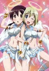Rule 34 | 2girls, absurdres, angel, angel wings, bishie sparkle, blonde hair, blush, breasts, brown hair, erica hartmann, feathers, gertrud barkhorn, hair ornament, hair ribbon, halo, highres, large breasts, looking at viewer, looking up, midriff, multiple girls, navel, official art, one eye closed, onoda masahito, open mouth, ribbon, shiny skin, short hair, simple background, smile, sparkle background, strike witches, wings, world witches series