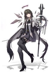 Rule 34 | 1girl, antenna hair, arknights, ascot, backlighting, balancing, belt, belt buckle, belt pouch, black ascot, black belt, black bustier, black footwear, black garter straps, black gloves, black halo, black pouch, black shirt, black skirt, black thighhighs, black wings, blunt bangs, bow (music), broken halo, buckle, bustier, buttons, cello, chinese commentary, closed mouth, collared jacket, colored inner hair, commentary request, dark halo, detached wings, dress shirt, en pointe, energy wings, from side, full body, garter straps, gloves, grey hair, halo, hand up, high heels, highres, hime cut, holding, holding bow (music), holding instrument, holding violin, instrument, invisible floor, jacket, layered sleeves, leg up, light smile, long hair, long sleeves, looking at viewer, miniskirt, mole, mole under eye, multicolored hair, pale skin, pleated skirt, pouch, purple eyes, shirt, short over long sleeves, short-sleeved jacket, short sleeves, sidelocks, silhouette, simple background, skirt, solo, standing, standing on one leg, strappy heels, taoxisama, thighhighs, tiptoes, two-tone hair, very long hair, violin, virtuosa (arknights), white background, white belt, white jacket, wide sleeves, wing collar, wings, zettai ryouiki