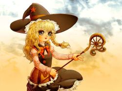 Rule 34 | 1girl, bad id, bad pixiv id, blonde hair, blue eyes, braid, female focus, hat, kirisame marisa, outdoors, sky, solo, souri, touhou, wand, witch, witch hat