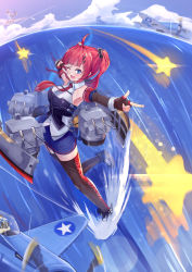 Rule 34 | 1girl, ahoge, aircraft, airplane, azur lane, bare shoulders, blue eyes, breasts, detached sleeves, gloves, kyuuri no tsukemono, large breasts, long hair, necktie, open mouth, red hair, retrofit (azur lane), san diego (azur lane), skirt, smile, solo, star (symbol), thighhighs, twintails, water