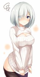 Rule 34 | 10s, 1girl, 3:, black pantyhose, blue eyes, blush, breasts, cleavage, cleavage cutout, clothes pull, clothing cutout, eyes visible through hair, hair ornament, hair over one eye, hairclip, hamakaze (kancolle), highres, kantai collection, large breasts, long sleeves, looking at viewer, md5 mismatch, meme attire, no pants, open-chest sweater, pantyhose, pantyhose pull, resized, ribbed sweater, short hair, simple background, sweatdrop, sweater, sweater pull, tomoo (tomo), white hair