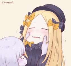 Rule 34 | 2girls, :i, abigail williams (fate), bags under eyes, black bow, black dress, black hat, blonde hair, blush, bow, cheek pinching, closed eyes, dress, fate/grand order, fate (series), hair bow, hat, highres, horns, lavinia whateley (fate), long hair, long sleeves, looking at another, multiple girls, nega-tive otoko, orange bow, parted bangs, parted lips, pinching, polka dot, polka dot bow, profile, red eyes, silver hair, simple background, single horn, twitter username, very long hair, yellow background