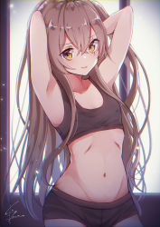Rule 34 | 1girl, adjusting hair, armpits, bare shoulders, breasts, brown eyes, brown hair, chromatic aberration, closed mouth, collarbone, commentary request, crossed bangs, girls&#039; frontline, hair between eyes, hand in own hair, hands up, highres, kodama (koda mat), looking at viewer, navel, one side up, scar, scar across eye, scar on face, simple background, small breasts, smile, solo, sports bra, sportswear, ump45 (girls&#039; frontline)