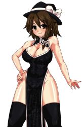 Rule 34 | &gt;:), 1girl, alternate costume, bare shoulders, black dress, black hat, black thighhighs, blush, bow, breasts, brown eyes, brown hair, china dress, chinese clothes, cleavage, cleavage cutout, clothing cutout, dress, hair bow, hair ribbon, hand on own hip, hat, hat bow, highres, huge breasts, large breasts, n (dai n honpo), one-hour drawing challenge, over-kneehighs, pelvic curtain, ribbon, short hair, sleeveless, sleeveless dress, smile, solo, thighhighs, touhou, tress ribbon, usami renko, v-shaped eyebrows, white bow