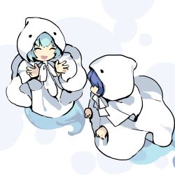Rule 34 | blue hair, character request, cloak, closed mouth, commentary request, copyright request, gender request, ghost tail, hands up, highres, hood, hood up, hooded cloak, kaigen 1025, light blue hair, long sleeves, neck ribbon, open mouth, ribbon, short hair, smile, white cloak, white ribbon