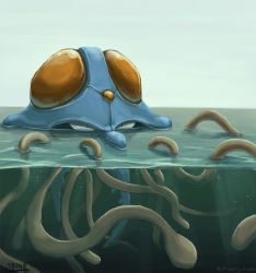 Rule 34 | commentary, creature, creatures (company), day, english commentary, full body, game freak, gen 1 pokemon, highres, kaijuu, mcgmark, nintendo, no humans, ocean, outdoors, partially underwater shot, pokemon, pokemon (creature), signature, simple background, sky, solo, tentacles, tentacruel, underwater, water, white background