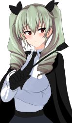 Rule 34 | 1girl, absurdres, aikir (jml5160), anchovy (girls und panzer), anzio school uniform, black cape, black gloves, black necktie, black ribbon, black skirt, blouse, blush, cape, closed mouth, commentary, dress shirt, drill hair, frown, girls und panzer, gloves, green hair, hair ribbon, highres, holding, long hair, long sleeves, looking at viewer, necktie, one-hour drawing challenge, red eyes, ribbon, school uniform, shirt, simple background, skirt, solo, twin drills, twintails, upper body, white background, white shirt, wing collar