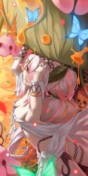 Rule 34 | 1girl, absurdres, armpits, bare shoulders, breasts, bridal gauntlets, cleavage, dress, duel monster, flower, hair flower, hair ornament, hair over one eye, highres, large breasts, long hair, looking at viewer, multicolored hair, open mouth, pink hair, pointy ears, red eyes, smile, solo, tetryl, traptrix pinguicula, yu-gi-oh!