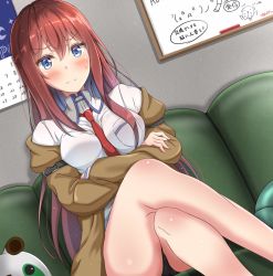 Rule 34 | 1girl, bare legs, blue eyes, blush, board, breasts, calendar (object), closed mouth, collared shirt, couch, crossed arms, crossed legs, dutch angle, jacket, pantyhose under shorts, long hair, long sleeves, makise kurisu, medium breasts, metal upa, necktie, off shoulder, pantyhose, red hair, red necktie, shiny skin, shirt, shorts, sitting, solo, steins;gate, straight hair, sunsun2812, sweatdrop, translated