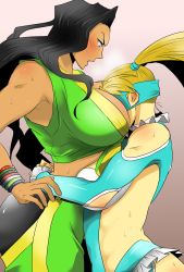 Rule 34 | 2girls, bare shoulders, bearhug, black hair, blonde hair, bracelet, braid, breast smother, breasts, breath, capcom, cleavage, dark-skinned female, dark skin, face to breasts, hair down, highres, jewelry, large breasts, laura matsuda, leotard, lifting person, long hair, mask, multiple girls, muscular, muscular female, pants, rainbow mika, revealing clothes, street fighter, street fighter v, sweat, takehana, thong leotard, toned, twin braids, twintails, violence, wavy hair, wrestling, wrestling outfit, yuri
