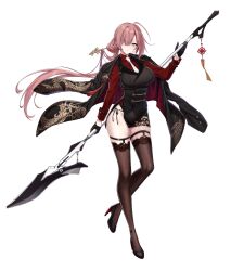 Rule 34 | 1girl, black coat, black footwear, black gloves, black thighhighs, breasts, ciel (counter:side), coat, counter:side, full body, gloves, grey eyes, holding, holding weapon, large breasts, looking at viewer, official art, pink hair, polearm, solo, spear, thighhighs, transparent background, weapon