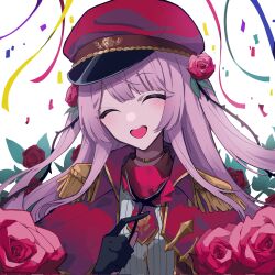 Rule 34 | 1girl, black gloves, brown choker, choker, closed eyes, coat, collared shirt, commentary, confetti, dress shirt, english commentary, epaulettes, flower, gloves, gold trim, hair flower, hair ornament, hat, highres, holding, holding flower, long hair, looking at viewer, mentally deficient, military uniform, necktie, nijisanji, nijisanji en, official alternate costume, open mouth, partially fingerless gloves, peaked cap, pink hair, red coat, red flower, red hat, red necktie, red rose, rose, rosemi lovelock, rosemi lovelock (2nd costume), shirt, short necktie, simple background, smile, solo, streamers, teeth, thorns, uniform, upper body, upper teeth only, virtual youtuber, white background, white shirt
