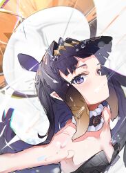 Rule 34 | 1girl, absurdres, black dress, blunt bangs, blush, breasts, collar, commentary, dress, frilled collar, frills, halo, highres, hololive, hololive english, long hair, looking at viewer, ninomae ina&#039;nis, ninomae ina&#039;nis (1st costume), pointy ears, purple eyes, purple hair, sakusa nn, small breasts, solo, strapless, strapless dress, tentacle hair, tube dress, virtual youtuber, white background, white collar