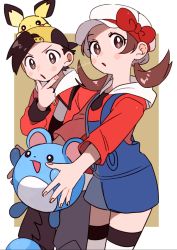 Rule 34 | 1boy, 1girl, :o, backwards hat, baseball cap, blue overalls, blush stickers, border, bow, brown background, brown eyes, brown hair, cabbie hat, commentary request, creatures (company), ethan (pokemon), eyelashes, game freak, gen 2 pokemon, grey pants, hand on own chin, hand up, hat, hat bow, highres, holding, holding pokemon, jacket, long hair, lyra (pokemon), marill, momotose (hzuu xh4), nintendo, on head, overalls, pants, pichu, pokemon, pokemon (creature), pokemon hgss, pokemon on head, red bow, red shirt, shirt, stroking own chin, thighhighs, twintails, twitter username, white border, white headwear, white thighhighs