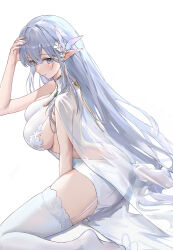 Rule 34 | 1girl, absurdres, albion (azur lane), albion (scent of pring in the red-pavilion) (azur lane), albion (scent of spring in the red pavilion) (azur lane), azur lane, backless dress, backless outfit, blue eyes, blue hair, breasts, butterfly hair ornament, china dress, chinese clothes, dress, flower, garter straps, hair flower, hair ornament, highres, kuza brs, large breasts, long hair, long pointy ears, looking at viewer, official alternate costume, pelvic curtain, pointy ears, see-through, see-through dress, simple background, solo, thighhighs, very long hair, white background, white dress, white garter straps, white thighhighs
