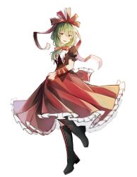 Rule 34 | 1girl, absurdres, arm ribbon, black footwear, boots, bow, cross-laced footwear, dress, frilled dress, frilled ribbon, frills, front ponytail, full body, green eyes, green hair, hair bow, hair ribbon, highres, kagiyama hina, puffy short sleeves, puffy sleeves, red bow, red dress, red ribbon, ribbon, shijiu770, short sleeves, simple background, smile, solo, touhou, white background