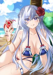 Rule 34 | 1girl, azur lane, belfast (azur lane), bikini, braid, breasts, cleavage, cocktail, cocktail glass, cup, drink, drinking glass, food, french braid, fruit, highres, large breasts, licking lips, long hair, looking at viewer, maroonabyss, purple eyes, smile, solo, strawberry, summer, swimsuit, tongue, tongue out, white hair