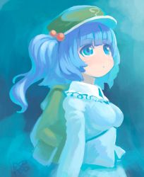 Rule 34 | 1girl, :o, backpack, bad id, bad twitter id, bag, blouse, blue background, blue eyes, blue hair, blue shirt, blue theme, blunt bangs, blush, from side, green hat, hair bobbles, hair ornament, hat, highres, kawashiro nitori, long hair, long sleeves, looking away, looking up, no nose, parted lips, reiesu (reis), shirt, signature, solo, standing, touhou, two side up, upper body