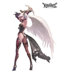 Rule 34 | 1girl, absurdres, armor, armpits, arms up, ass, bow (weapon), breasts, bustier, crossbow, dress, elbow gloves, elf, feathered wings, full body, gloves, high heels, highres, holding, holding crossbow, holding weapon, kamael, legs, lineage, lineage 2, lingerie, lips, long legs, looking back, medium breasts, pointy ears, red eyes, shoes, simple background, solo, standing, underwear, weapon, white background, white hair, wings