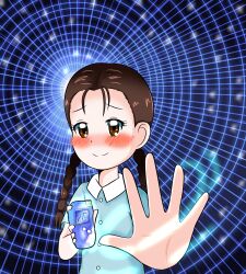 Rule 34 | 1girl, absurdres, blush, brown eyes, brown hair, chiaki (digimon), digimon, digimon frontier, digivice, female focus, highres, open hand, smile, solo
