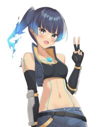 Rule 34 | 1girl, artist name, bare shoulders, belt, black tank top, blue shorts, blush, body markings, breasts, commentary request, fiery hair, medium hair, navel, open mouth, ponytail, revvie, sena (xenoblade), short shorts, shorts, small breasts, tank top, v, xenoblade chronicles (series), xenoblade chronicles 3
