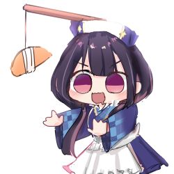 Rule 34 | :d, apron, black hair, blue dress, blue headwear, blue kimono, blue skirt, blush, carrot on stick, chibi, dress, drooling, empanada, highres, hina misora, japanese clothes, kimono, long hair, low twintails, maid apron, mary yerlein, mouth drool, multicolored clothes, multicolored hair, multicolored skirt, open mouth, pink eyes, pink hair, pink skirt, plaid kimono, purple eyes, reaching, simple background, skirt, smile, solid circle eyes, streaked hair, twintails, v-shaped eyebrows, virtual youtuber, wactor production, white background, wide sleeves