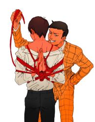 Rule 34 | 10s, 2boys, black hair, dress shirt, facing away, fang, formal, grin, hand in pocket, looking at viewer, male focus, matsuno osomatsu, multiple boys, off shoulder, osomatsu-kun, osomatsu-san, osomatsu (series), pummy, rope, rope marks, shibari, shibari over clothes, shirt, simple background, smile, suit, tougou (osomatsu-kun), white background