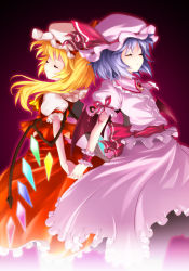 Rule 34 | 2girls, back-to-back, bad id, bad pixiv id, blonde hair, blue hair, closed eyes, female focus, flandre scarlet, hat, holding hands, hong (white spider), light, light purple hair, mob cap, multiple girls, remilia scarlet, ribbon, short hair, siblings, side ponytail, sisters, touhou, wings, wrist cuffs