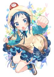Rule 34 | ankle boots, arm up, beret, black hair, blue eyes, blue hair, blue shirt, blush, boots, character name, chestnut mouth, clenched hands, dress, embarrassed, fist pump, full body, hat, highres, indie virtual youtuber, jumping, layered dress, long sleeves, pinafore dress, sanada yuki (vtuber), shirt, short hair, sidelocks, sleeveless, sleeveless dress, solo, virtual youtuber, yellow dress, yellow hat, zuho (vega)