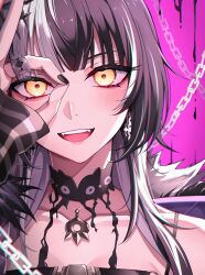Rule 34 | 1girl, absurdres, black choker, black hair, black nails, blunt bangs, chain, chain earrings, choker, cropped arms, cropped torso, earrings, fangs, glowing, glowing eyes, highres, hololive, hololive english, jewelry, long hair, looking at viewer, multicolored hair, nurufufufu, ok sign, open mouth, pink background, ring, shiori novella, shiori novella (1st costume), shirt, sidelocks, striped clothes, striped shirt, two-tone hair, virtual youtuber, white hair, yellow eyes