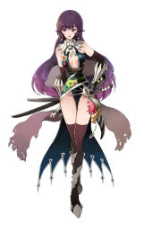 Rule 34 | 1girl, arm guards, assassin cross (ragnarok online), bare shoulders, black gloves, black thighhighs, boots, breasts, cleavage, crossed legs, earrings, elbow gloves, fingerless gloves, full body, gloves, hand on own hip, hip focus, jewelry, karen (ragnarok violet), katana, long hair, original, parted lips, purple eyes, purple hair, ragnarok online, ragnarok violet, riqurr, simple background, small breasts, smile, solo, standing, sword, thigh boots, thigh gap, thighhighs, thighs, watson cross, weapon, white background
